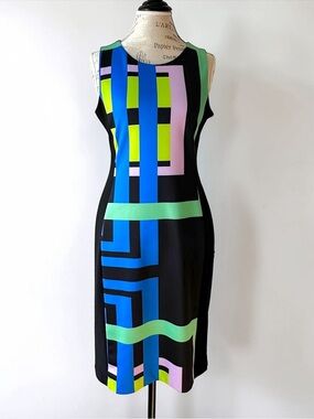 Joseph Ribkoff Geometric Sheath Dress Size 8 | Blue Green Abstract Cruise Wear